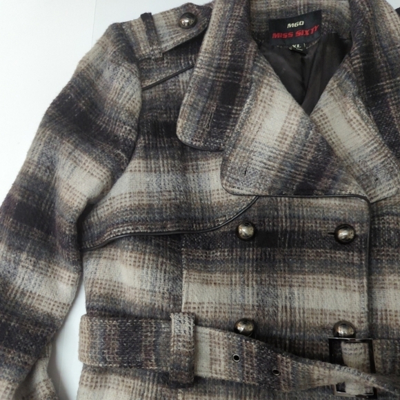 Vintage Y2K Wool Blend Miss Sixty Belted Plaid Faux Leather Trim Coat - Picture 14 of 16